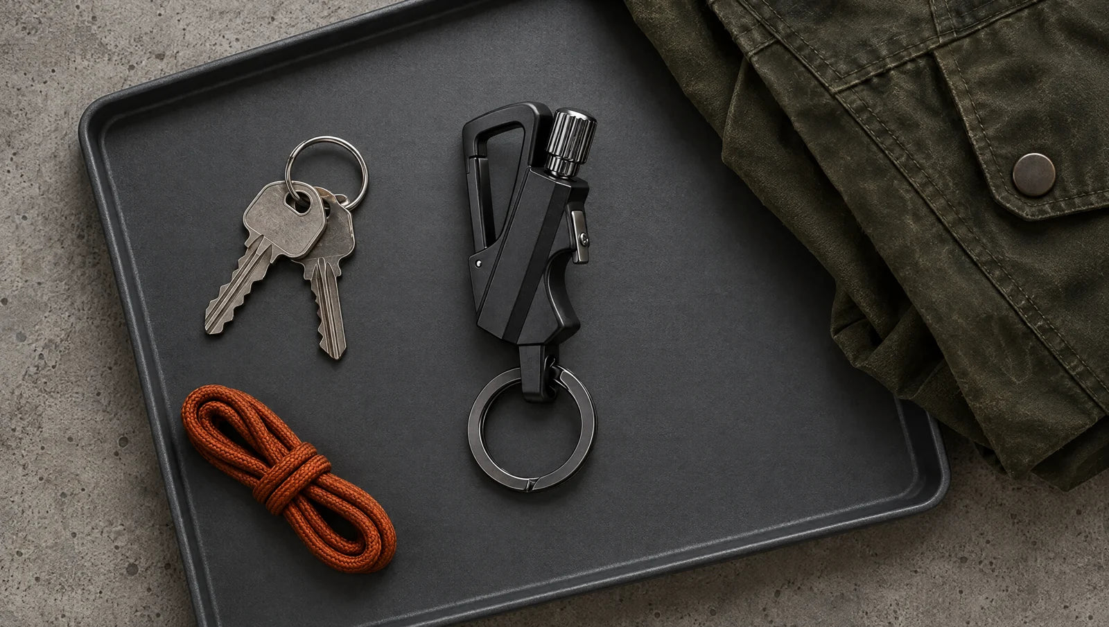 Black Strike beside keys and an olive jacket