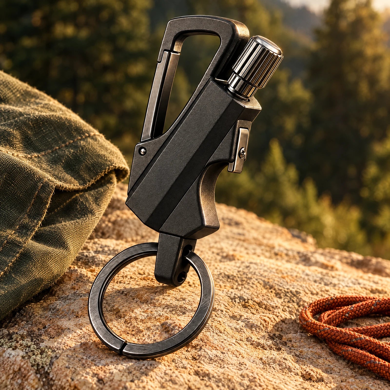Black Strike refillable match keychain on sandstone beside olive canvas