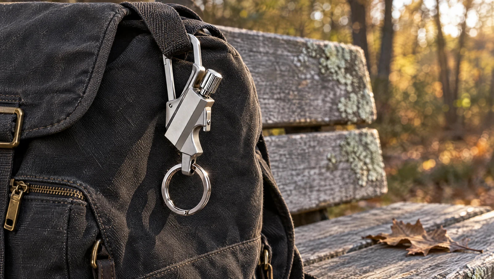 Silver Strike clipped to a charcoal daypack on an outdoor bench